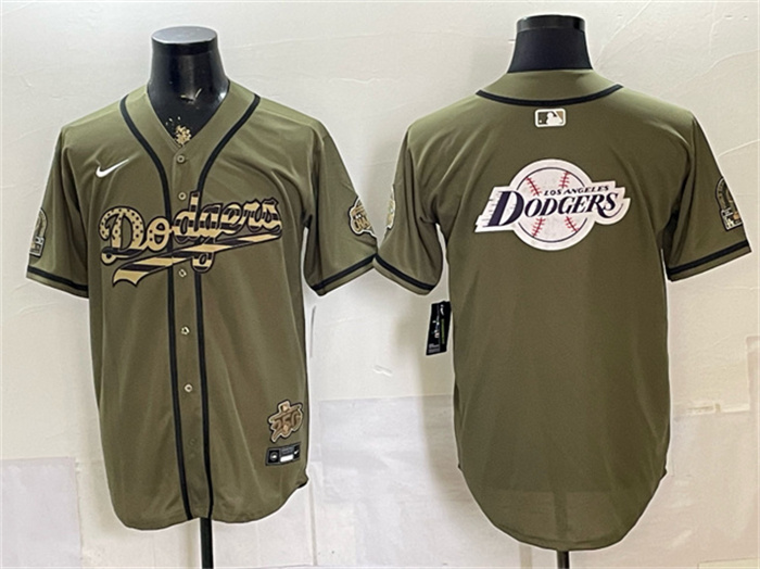 Men's Los Angeles Dodgers Team Big Logo Olive 2026 Armed Forces Day Stitched Baseball Jersey